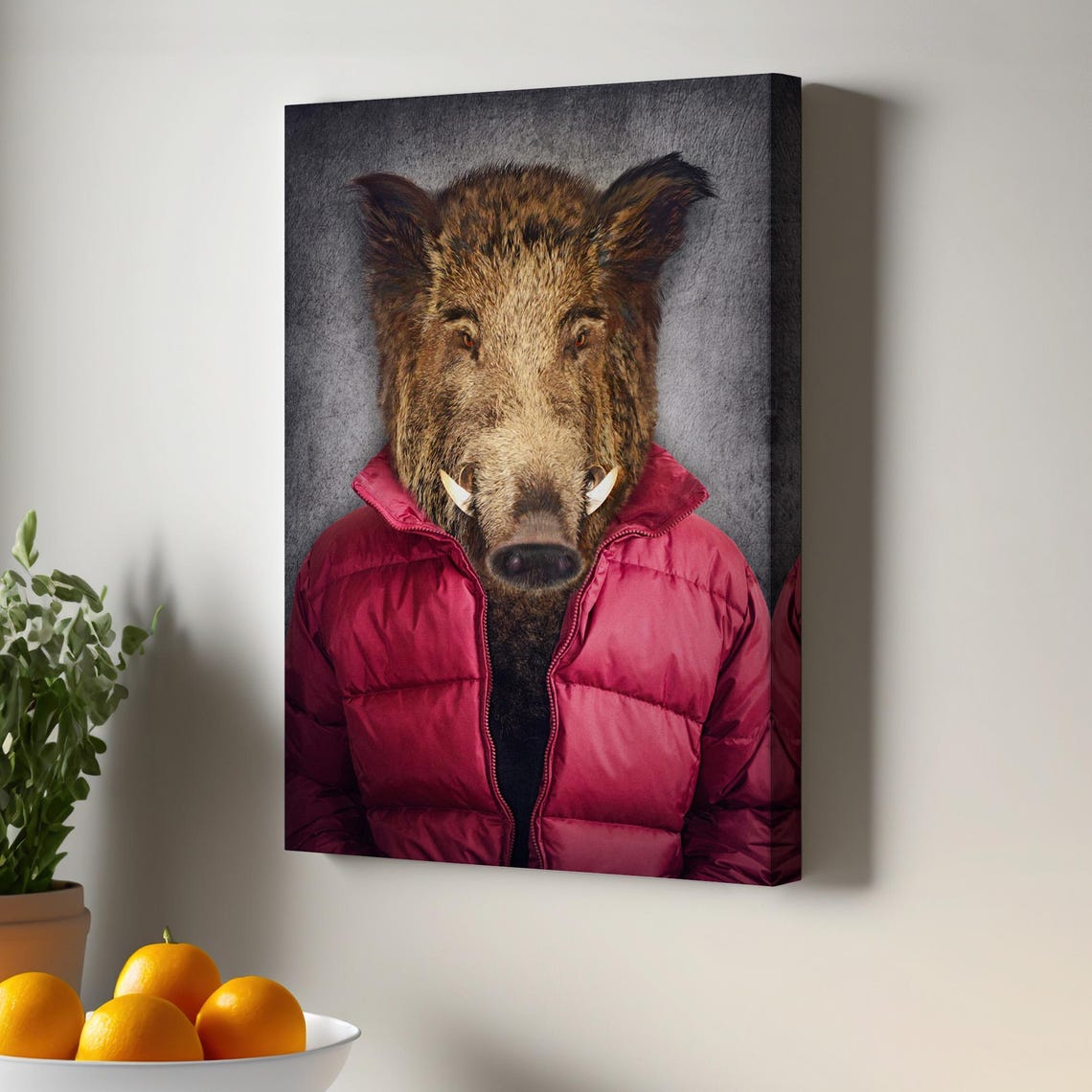 Dressed Wild Boar Portrait Funny Red Puffer Jacket Animal Wall Art