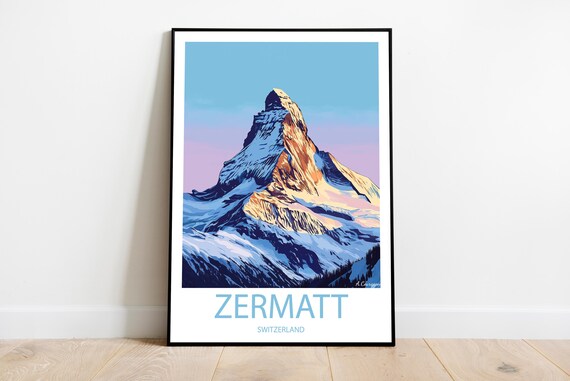 Handmade Zermatt Switzerland Poster Wall Art Modern Travel Framed Birthday Home Made Decor Gift Illustration Print Stainless Steel