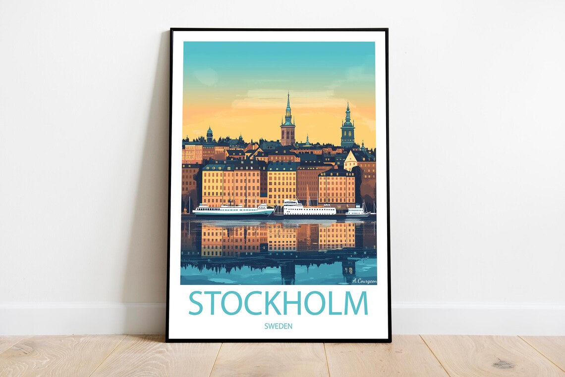 Stockholm Sweden Old Town Waterfront Sunset Vintage Travel Poster