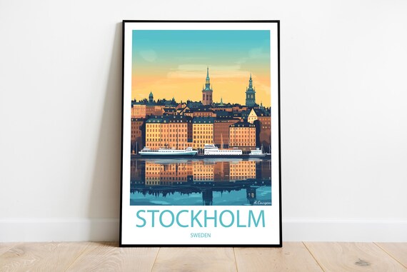 Stockholm Sweden Old Town Waterfront Sunset Vintage Travel Poster
