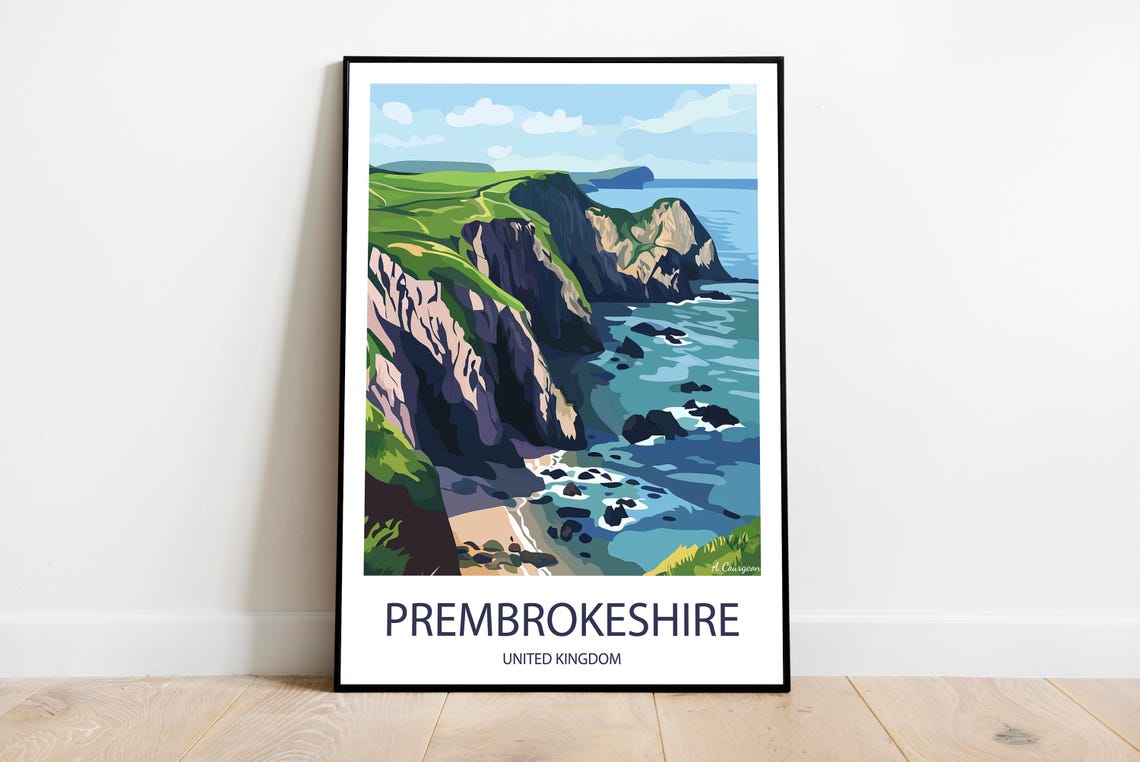 Pembrokeshire United Kingdom Coastal Cliffs Sea View Travel Poster