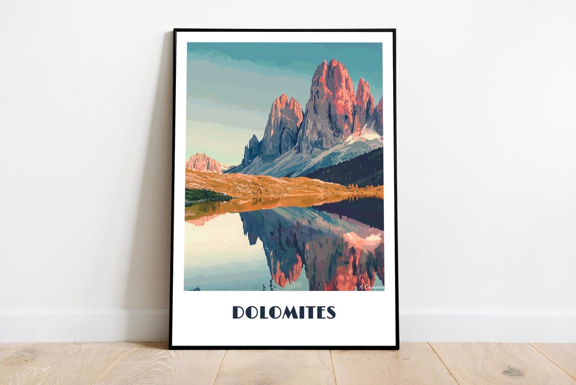 Dolomites Tre Cime Peaks Lake Reflection Italy Travel Poster