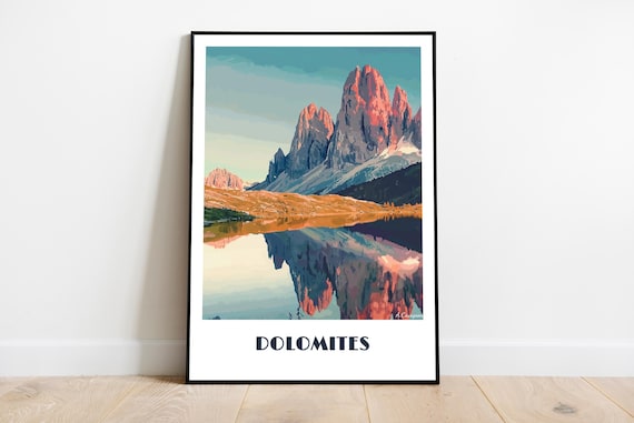 Dolomites Tre Cime Peaks Lake Reflection Italy Travel Poster