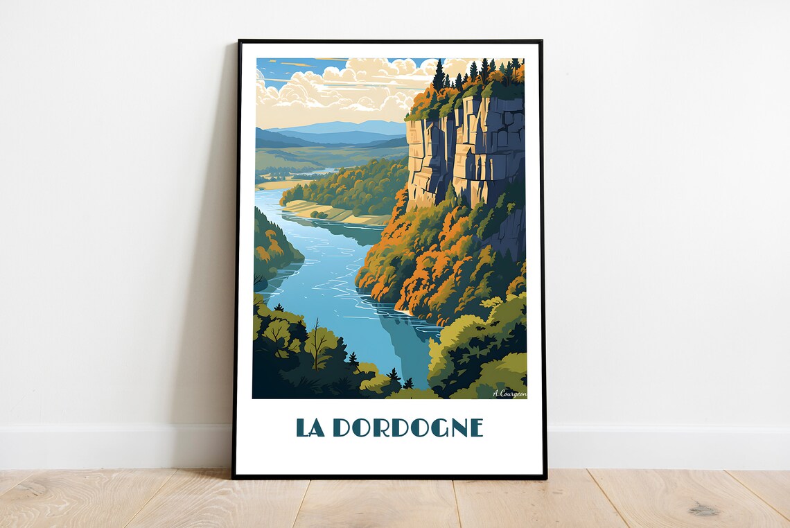 La Dordogne River Valley Cliff Forest France Retro Travel Poster