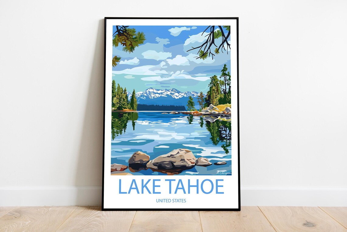 Lake Tahoe United States Blue Lake Mountain Vintage Style Poster