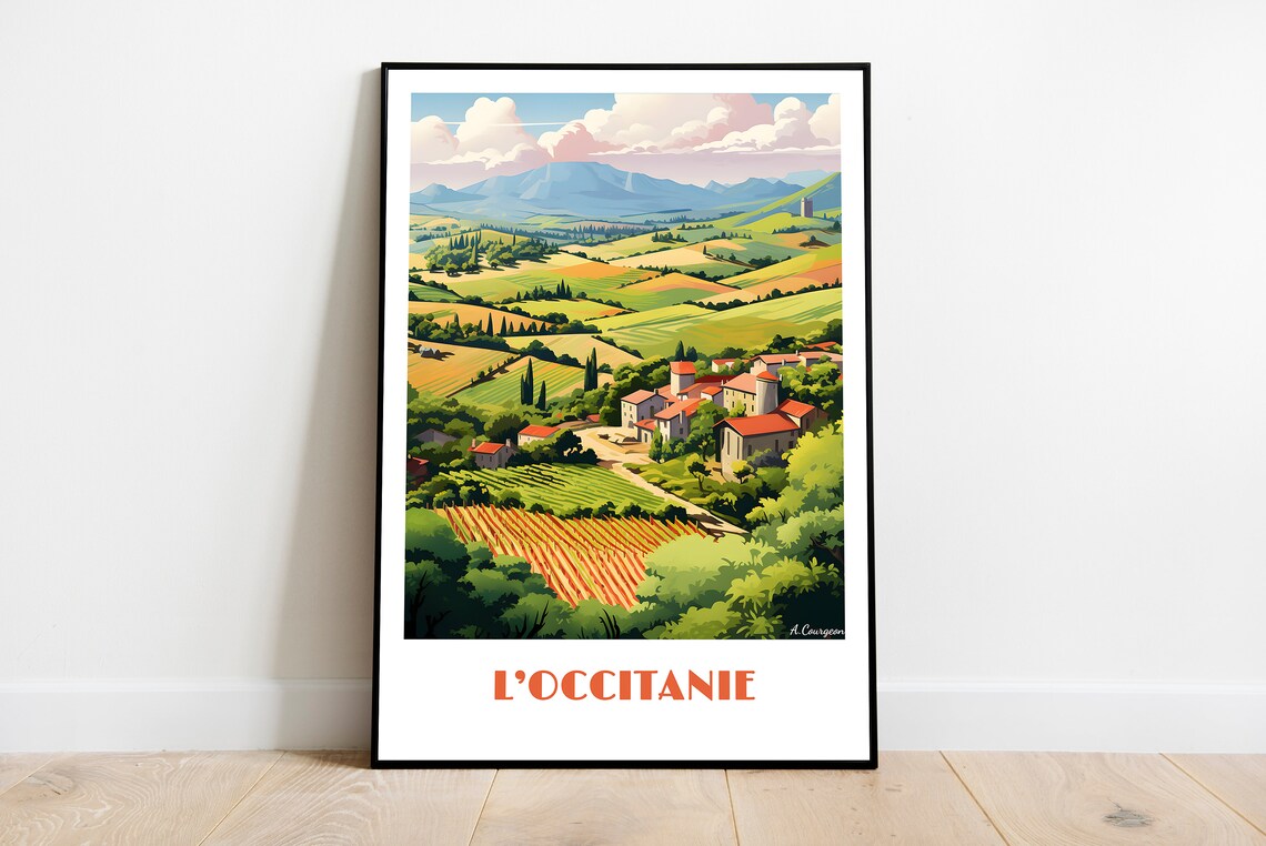 LOccitanie France Retro Vineyard Village Sunny Hills Travel Poster