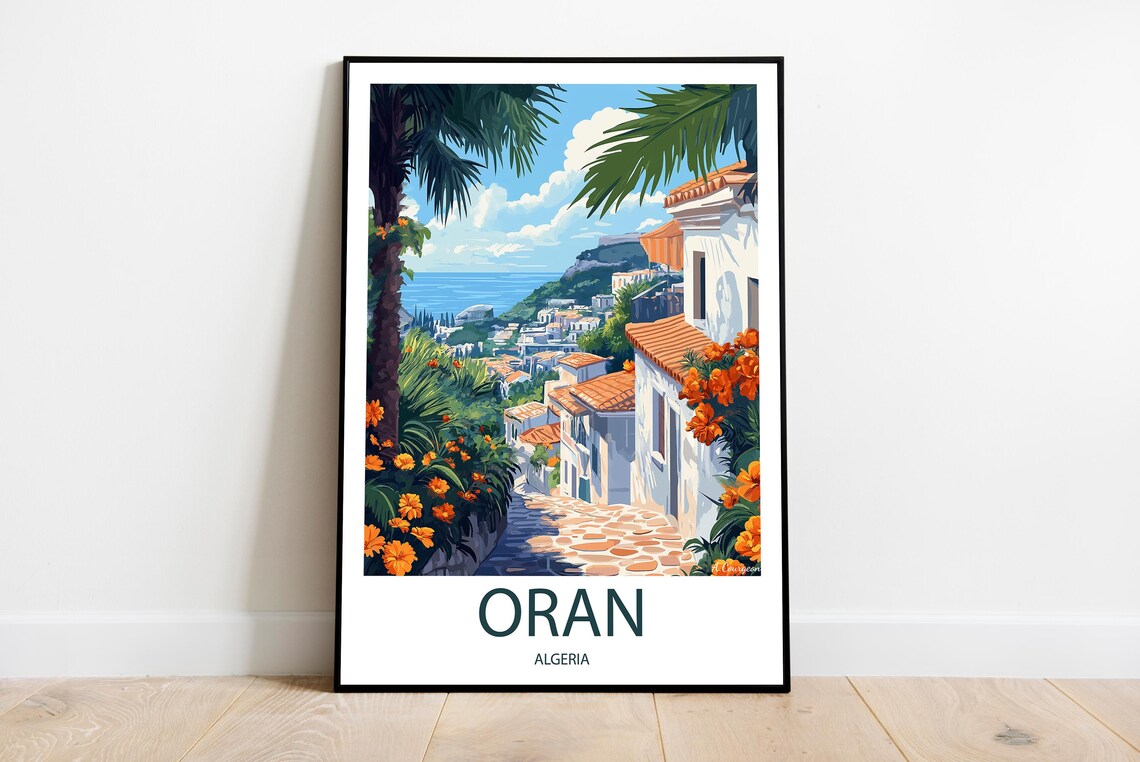 Oran Algeria Whitewashed Street Flowers Sea Vintage Travel Poster