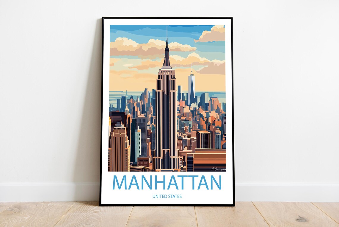 Manhattan New York City Skyline Vintage Travel Destination Poster