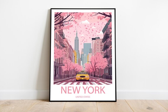 New York Cherry Blossom Spring Empire State Taxi Travel Poster