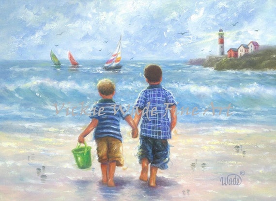 Two Beach Boys Art Print Two Little Brothers Beach Wall Art Boys Room Blue Beach Art Lighthouse Ocean Nautical Wall Decor Vickie Wade Art
