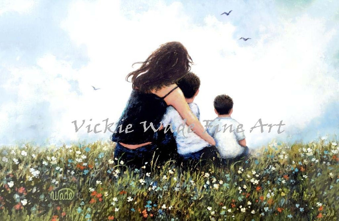 Brunette Mother Embracing Her Two Sons In A Flower Meadow Poster