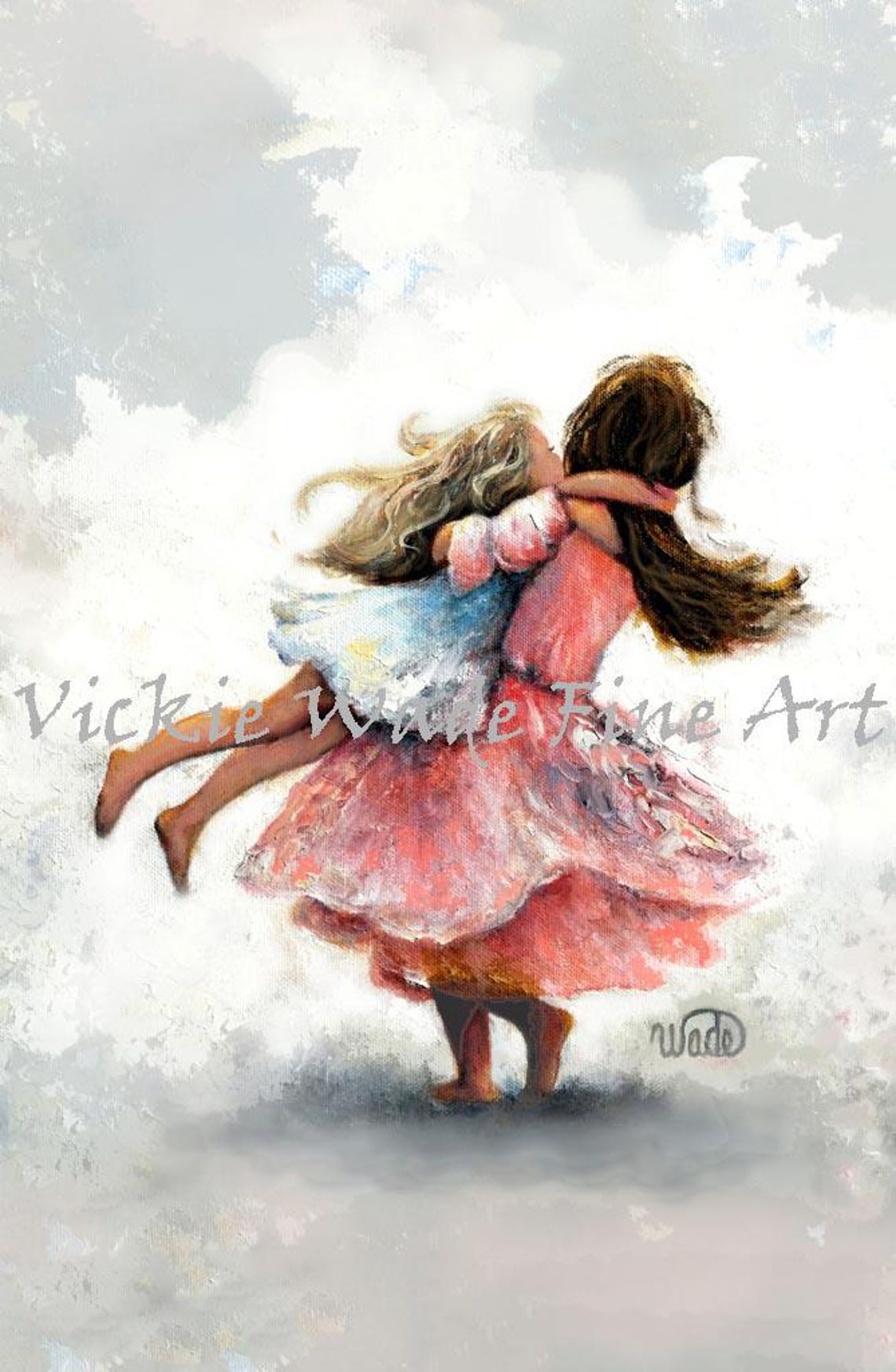 Two Sisters Twirling Art Print Blonde And Brunette Girls Two Daughters Big Sister Carrying Little Sis Pink Girls Room Vickie Wade Art