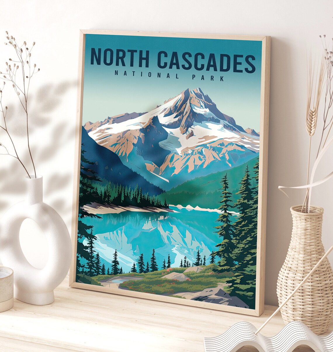 North Cascades National Park Snowy Peak Alpine Lake Vintage Poster - Image 2