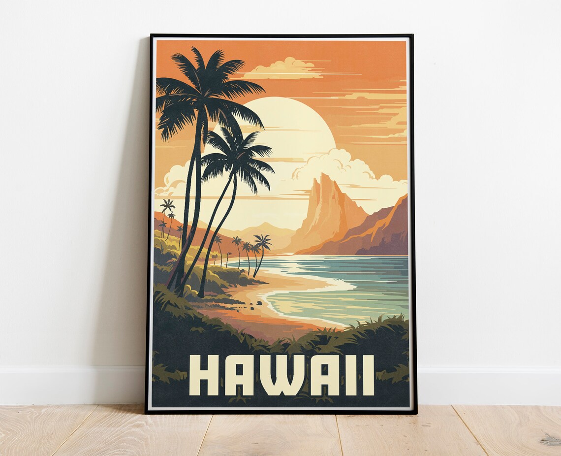 Hawaii Vintage Travel Poster, Island Vacation Art Print