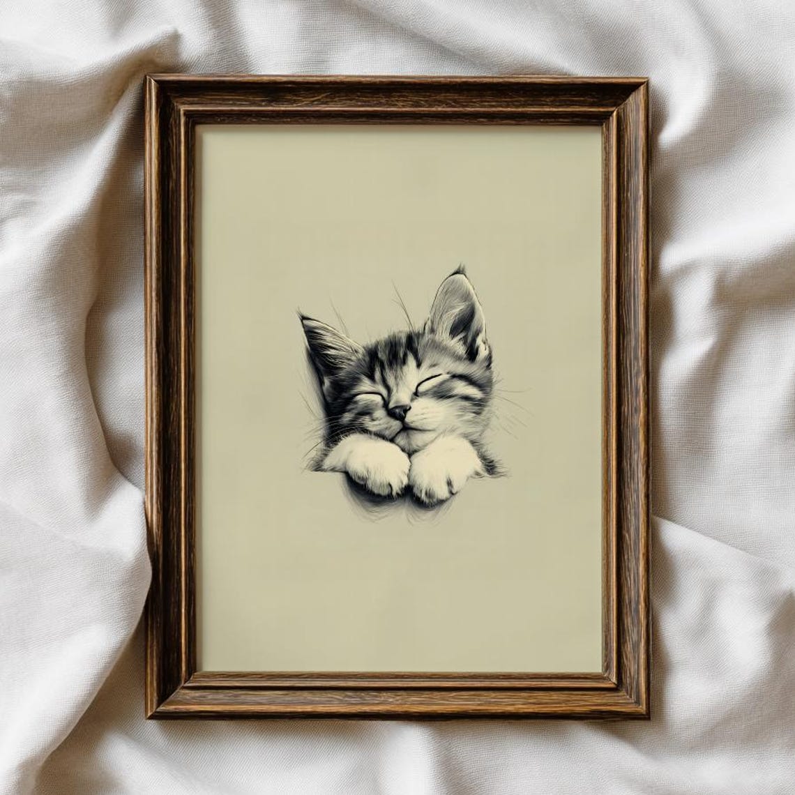 Sleepy Tabby Kitten Face Close-Up Cute Pencil Portrait Art Print