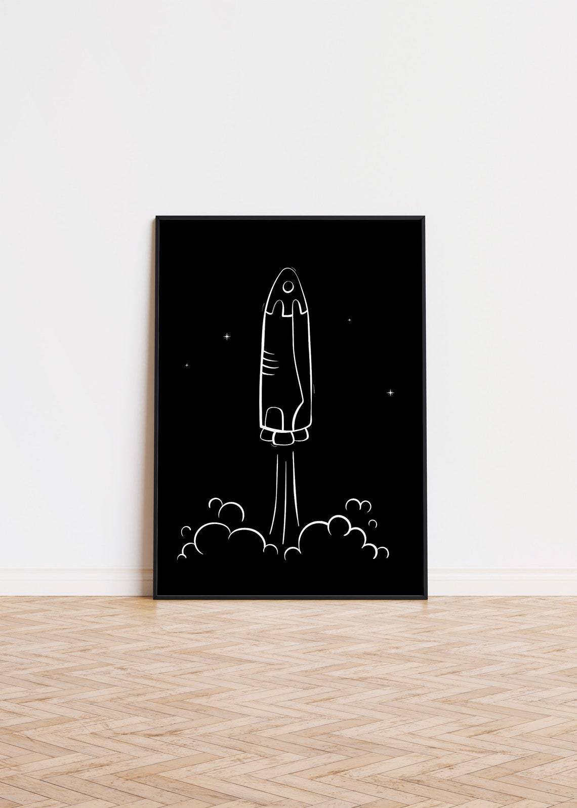 Minimalist Rocket Launch Line Drawing Black White Space Art Poster
