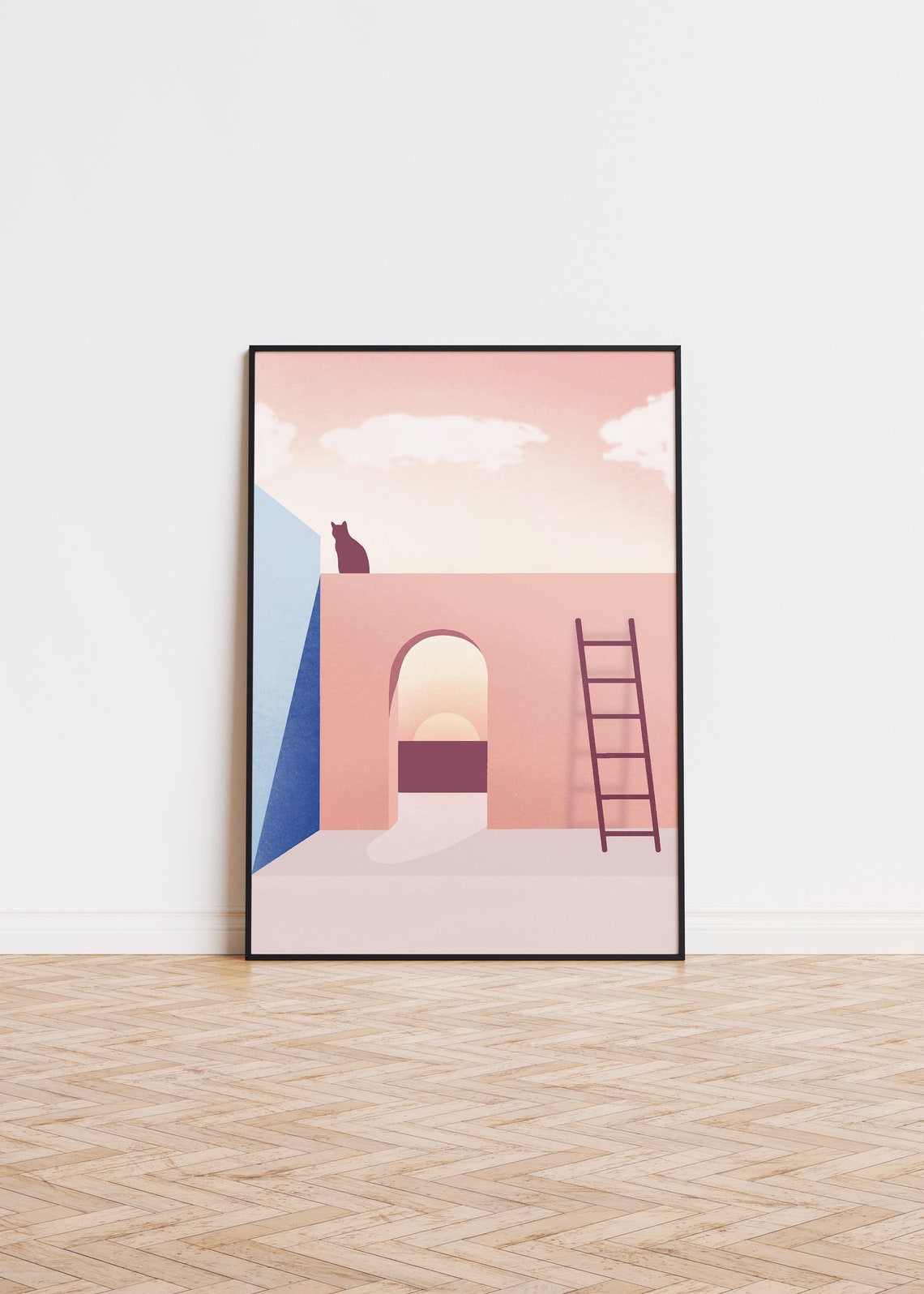 Cat on Pink Wall Ladder Sunset Arch Minimalist Geometric Art Poster