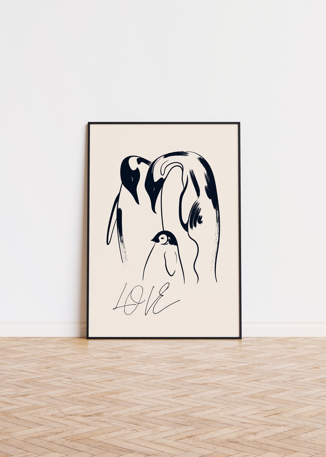 Penguin Family Love Minimalist Single Line Drawing Nursery Poster