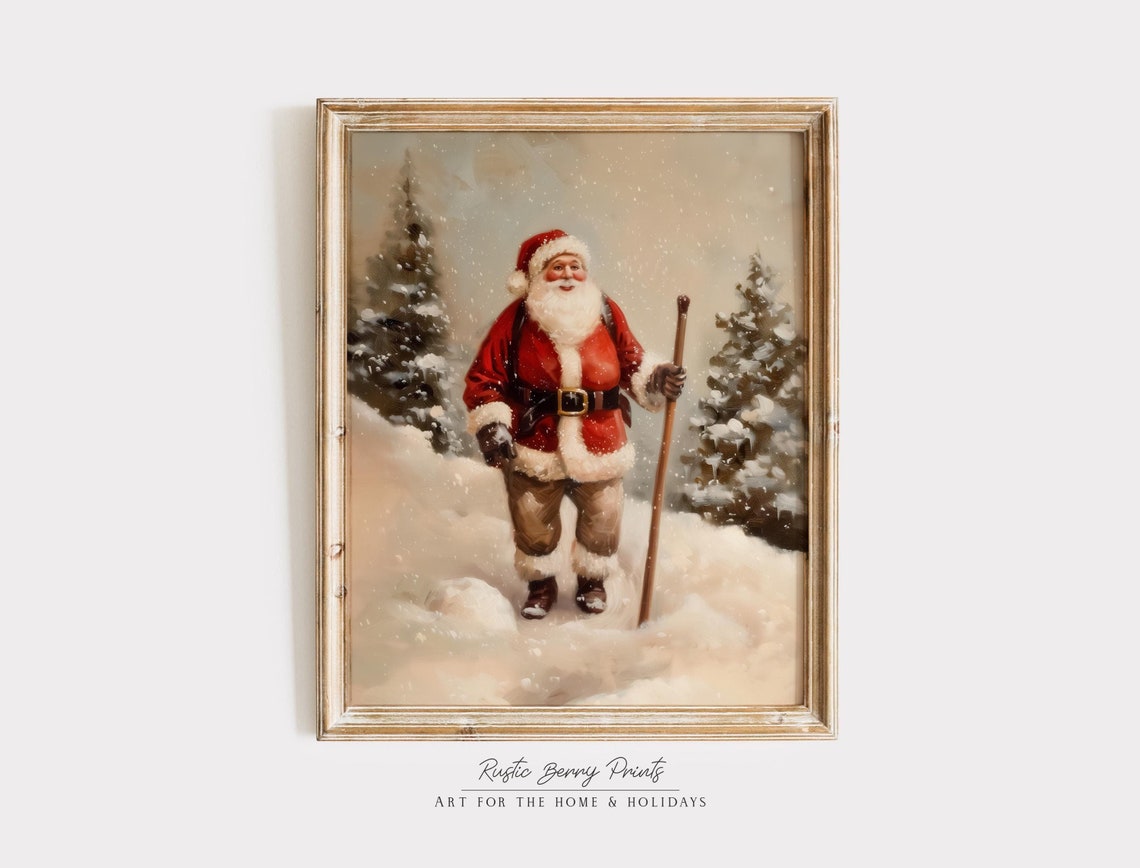 Santa Claus Hiking Deep Snow Walking Stick Pine Forest Winter Poster