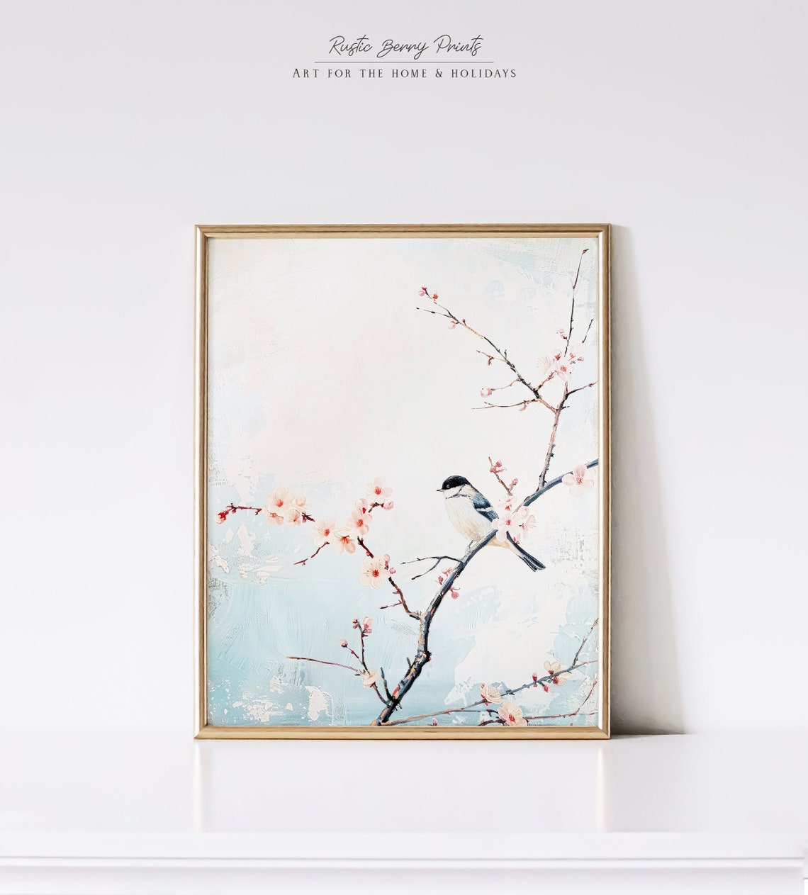 Chickadee On Cherry Blossom Branch Spring Bird Pink Floral Art Poster