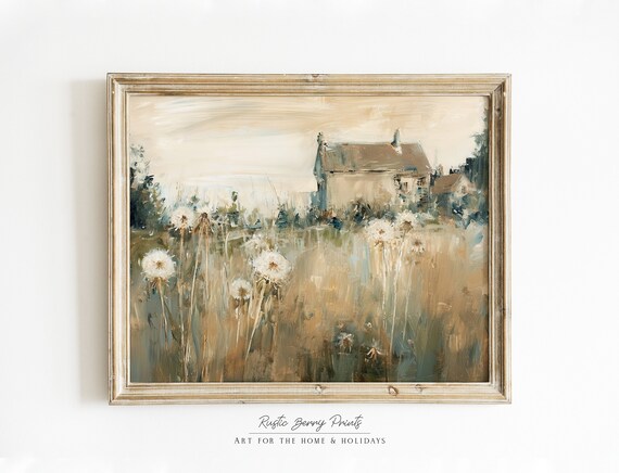 Old Farmhouse Tall Dandelion Field Warm Beige Vintage Art Poster