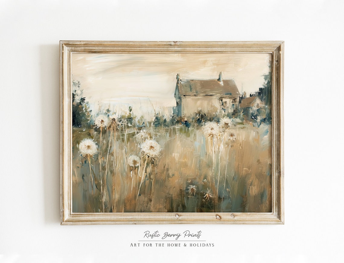 Old Farmhouse Tall Dandelion Field Warm Beige Vintage Art Poster