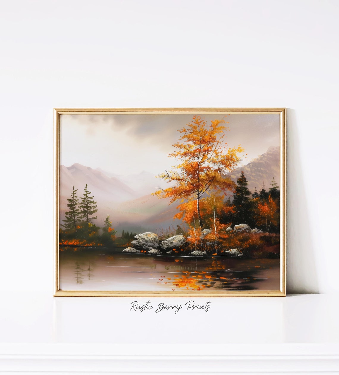Golden Autumn Tree Mountain Lake Reflection Fall Landscape Print
