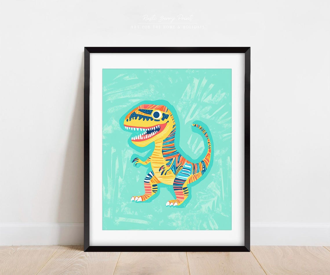 Colorful Cartoon T Rex Dinosaur Turquoise Kids Room Art Print - Image 2