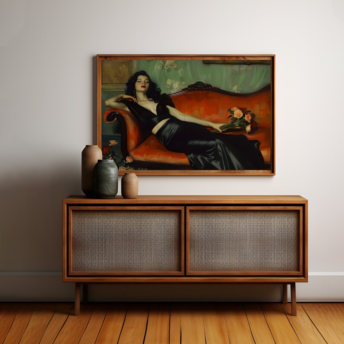 Reclining Woman In Black Satin Gown On Red Chaise Portrait Poster - Image 2