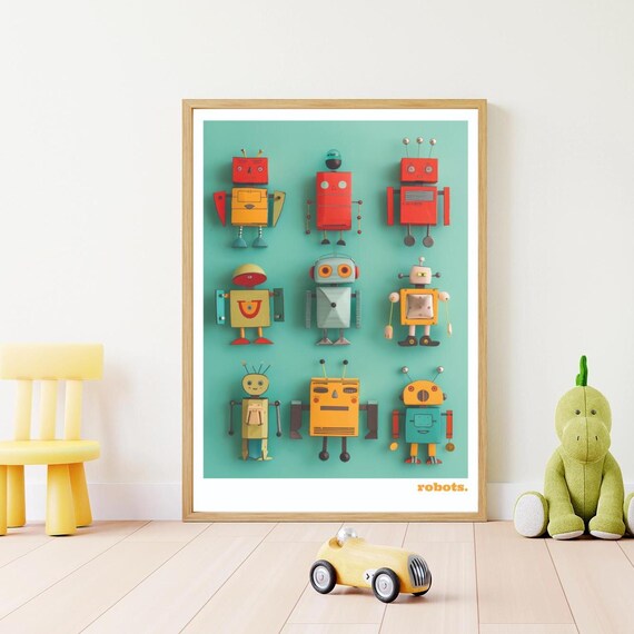 Retro Toy Robots Grid Mint Background Playful Kids Room Poster
