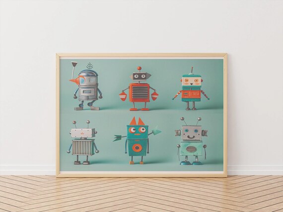 Six Cute Retro Robot Friends for a Colorful Kids Room Wall Art