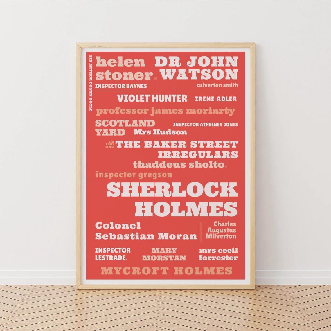 Sherlock Holmes Character Names Red Typographic Literary Poster