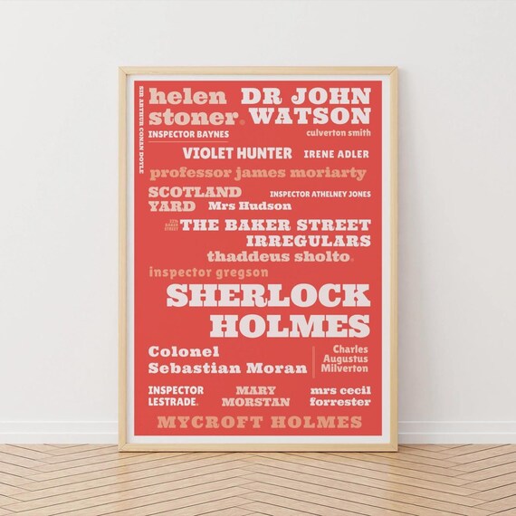 Sherlock Holmes Character Names Red Typographic Literary Poster