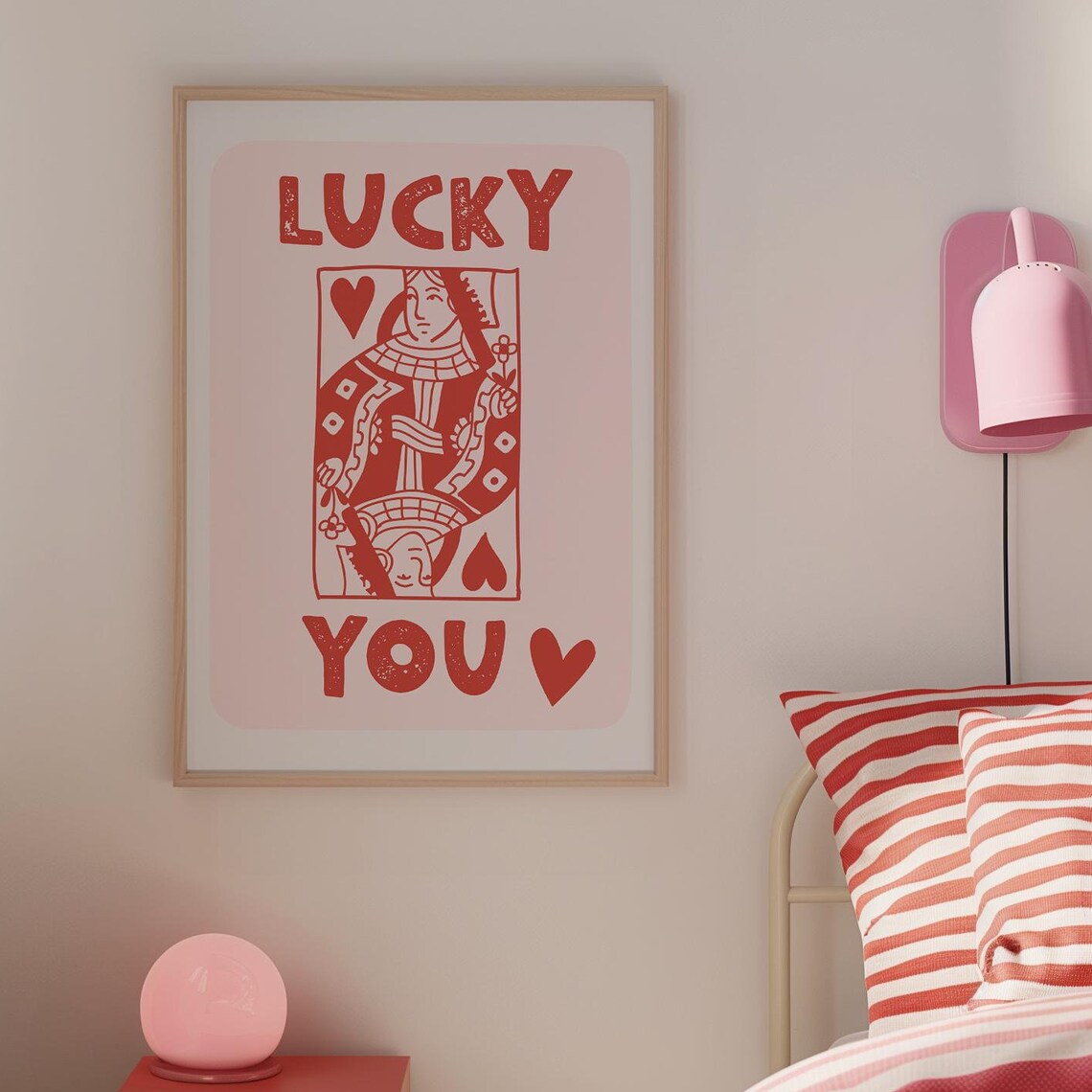 Lucky You Queen of Hearts Playing Card Pink Retro Casino Poster