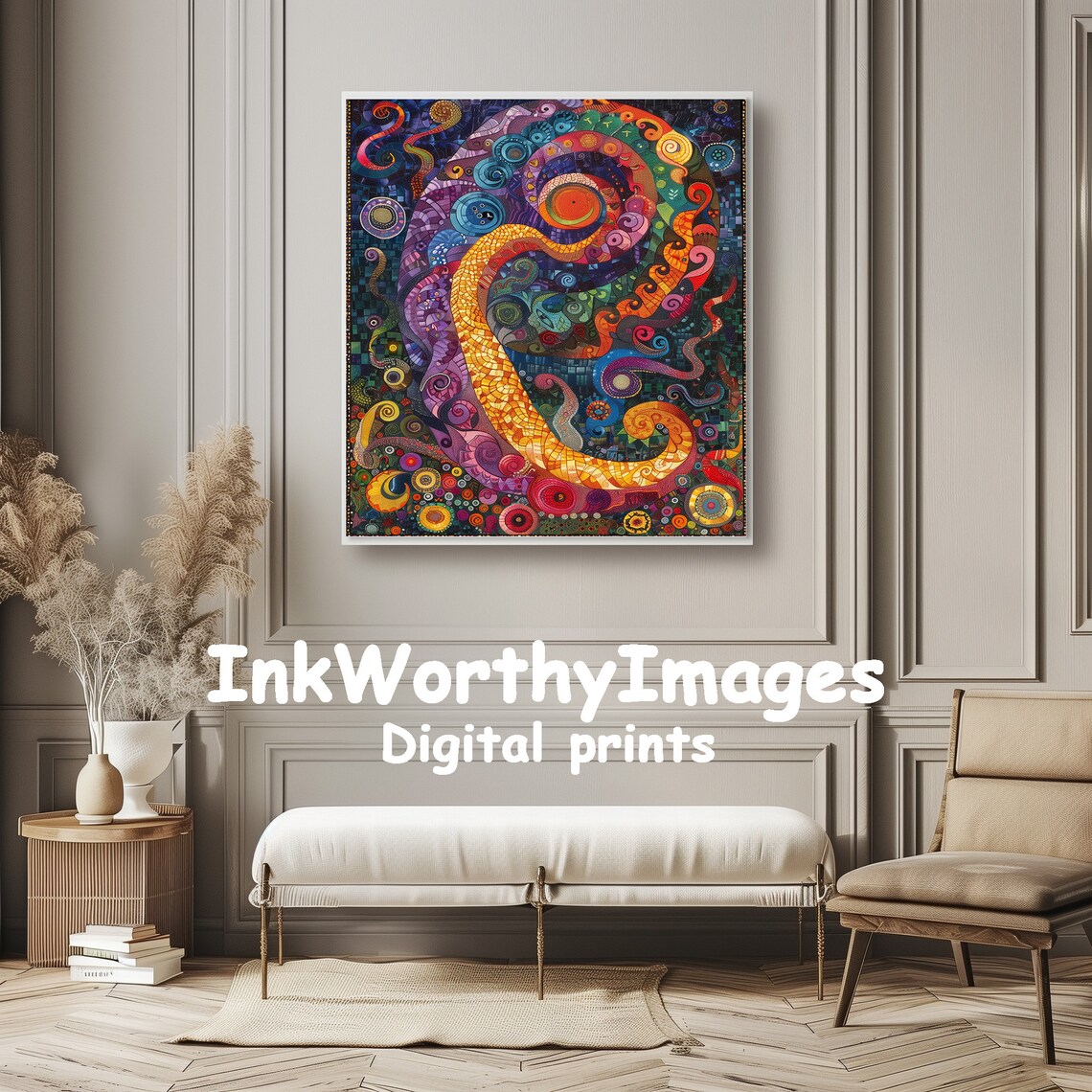 Abstract Mosaic Painting, Psychedelic Spiral Decor - Image 6