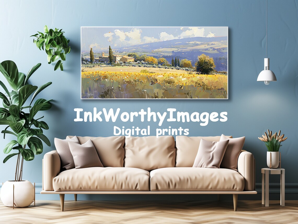Tuscan Sunflower Fields, Countryside Landscape Painting - Image 4