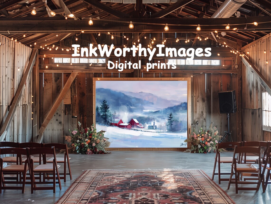 Snowy Farm Scene, Red Barn And Silo Winter Landscape - Image 6