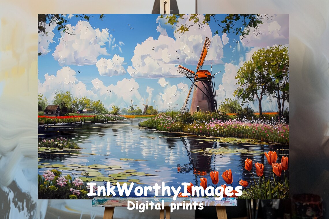 Sunny Day In Dutch Tulip Fields, Impressionist Landscape
