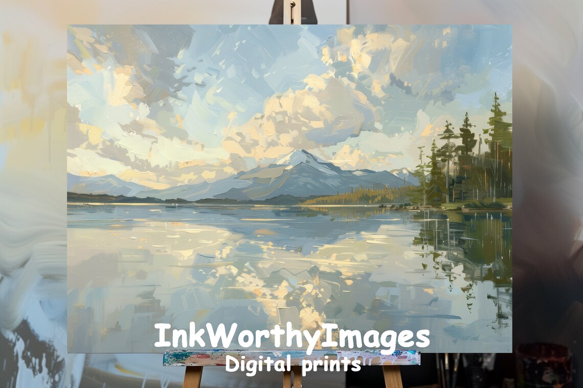 Mountain Lake Reflection, Tranquil Landscape Painting