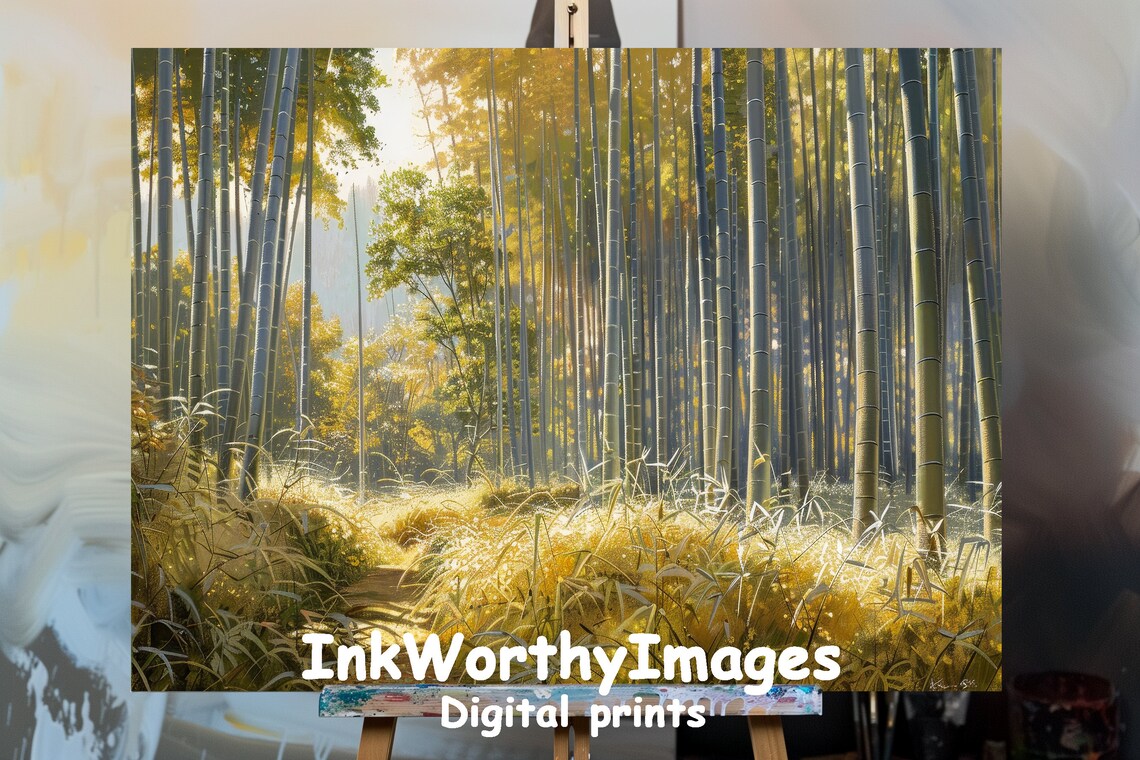 Golden Sunlit Bamboo Grove, Tranquil Forest Landscape Art