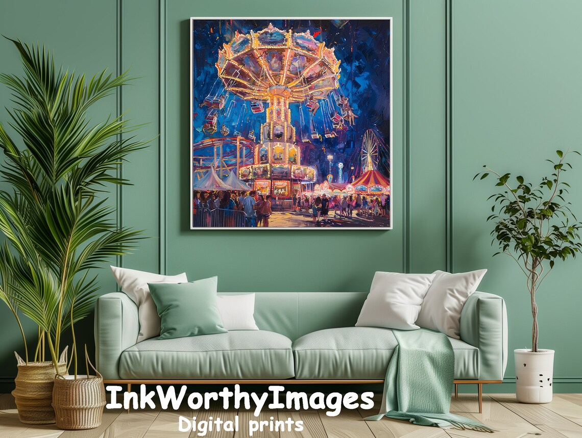 Carnival Night Lights Art Print, Festive Fairground Scene - Image 3