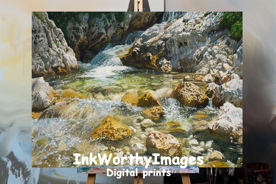 Crystal Clear River, Rocky Stream Landscape Art Print