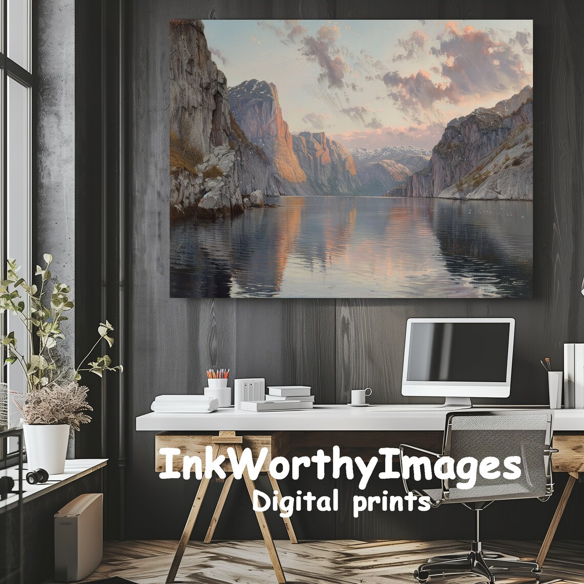Sunset Fjord Landscape Painting, Realistic Mountain Lake - Image 3