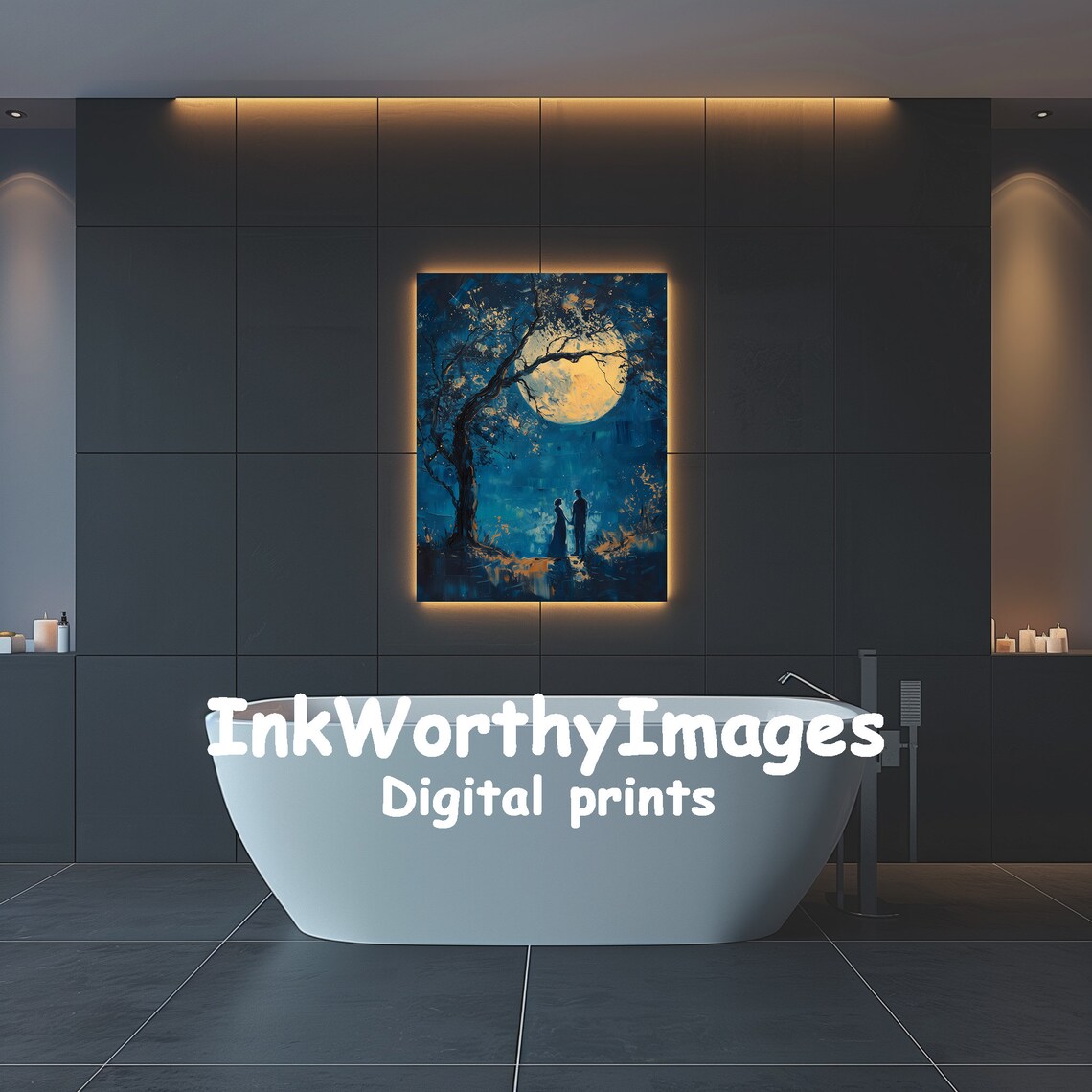 Romantic Moonlit Couple Night Sky Scene Silhouette - Image 6