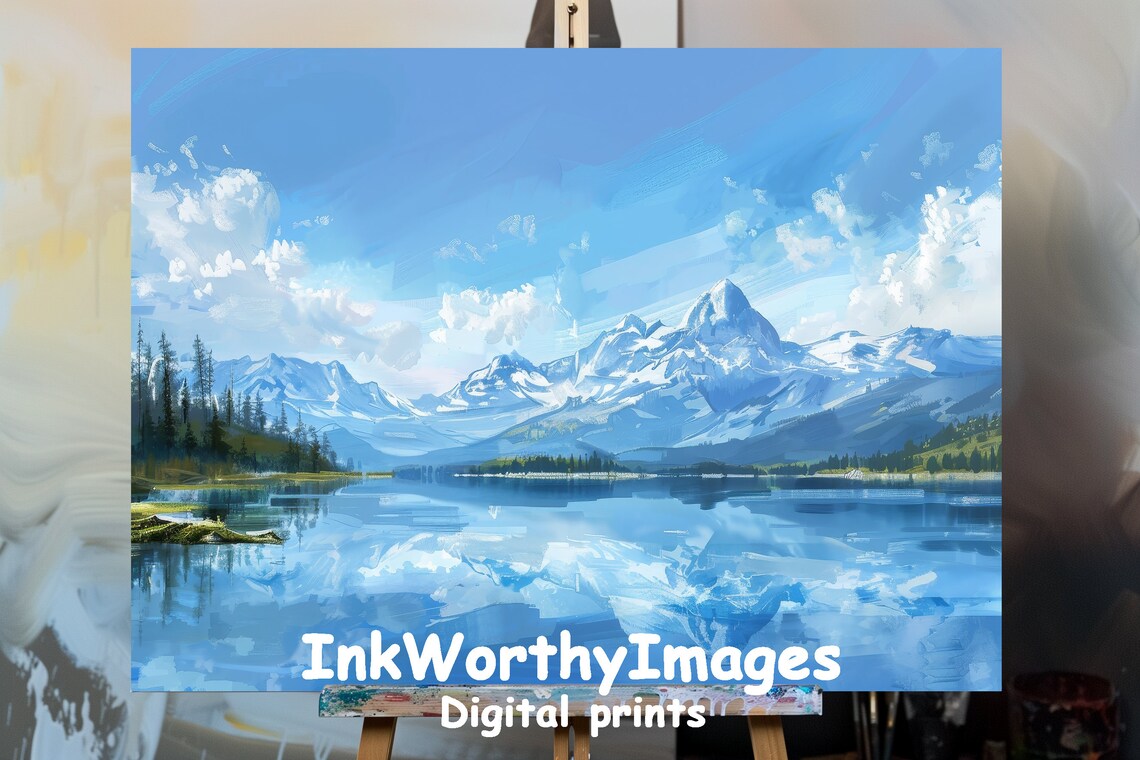 Majestic Mountain Lake, Impressionist Nature Landscape