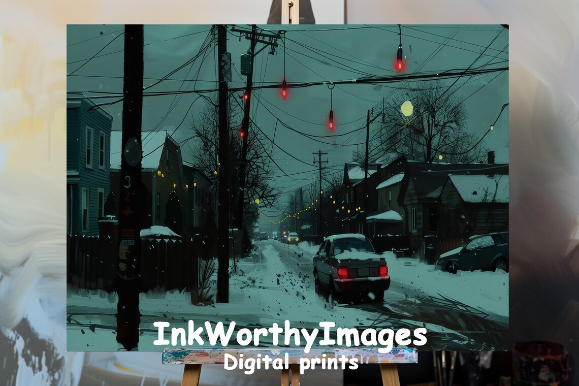Moody Winter Evening In The Suburbs, Urban Snow Scene