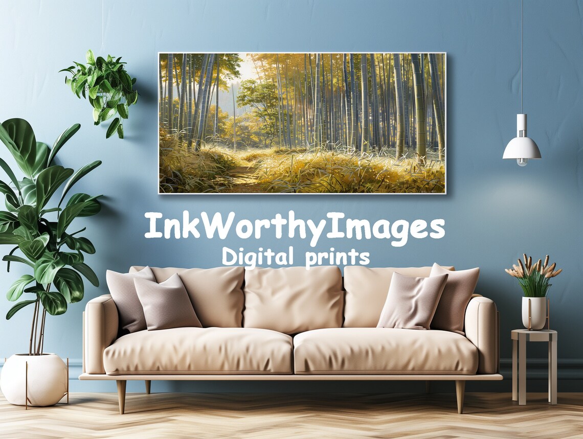 Golden Sunlit Bamboo Grove, Tranquil Forest Landscape Art - Image 4
