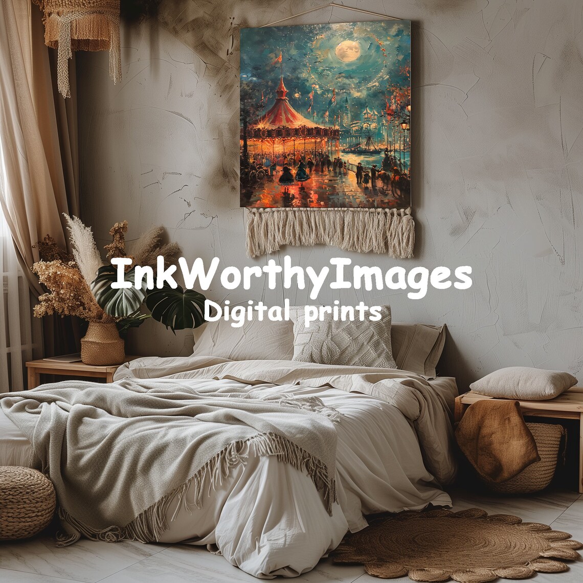 Magical Moonlit Carnival Scene, Vintage Fairground Art - Image 3