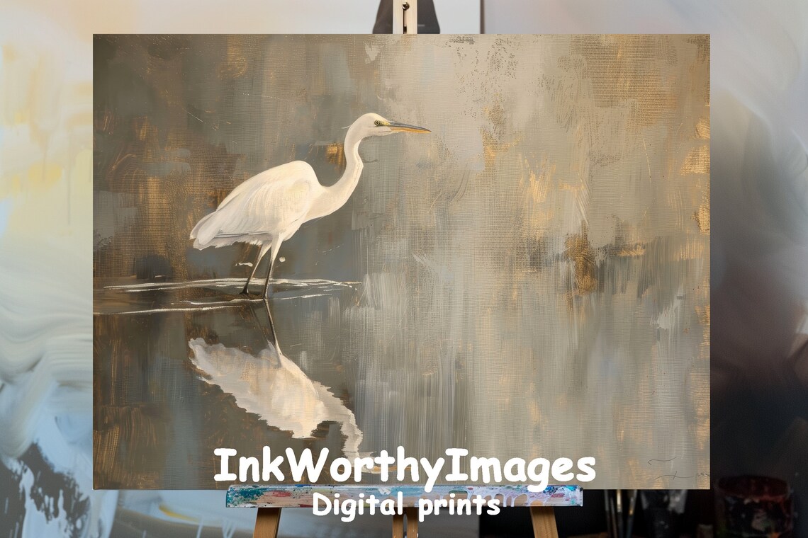 Elegant Heron, Golden Reflection Nature Scene
