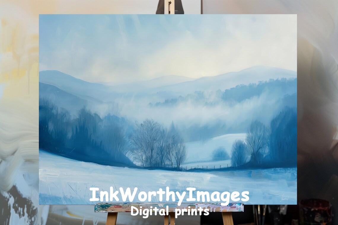 Winter Morning Landscape Painting, Serene Snowy Valley